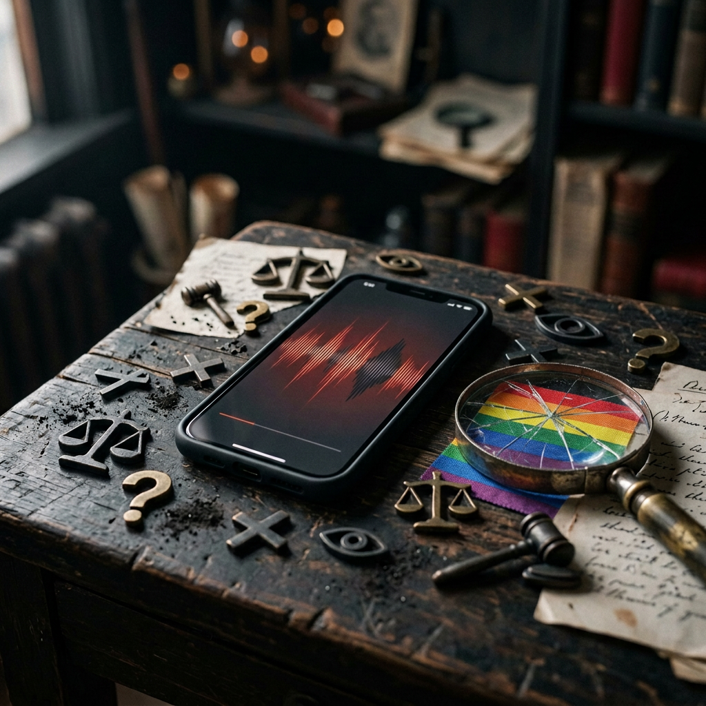 Smartphone with audio waveform among legal symbols and handwritten notes